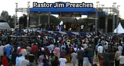 Pastor Jim Ministers to the crowd.